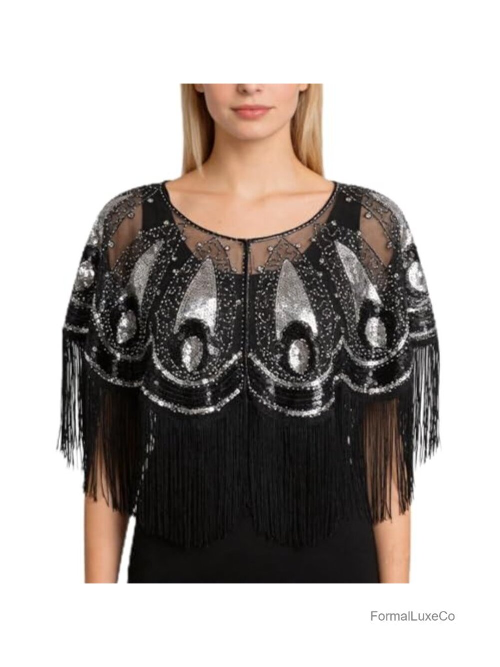 1920s Sequin Beaded Flapper Shawl Wrap Vintage Fringe Evening Party Cover Up